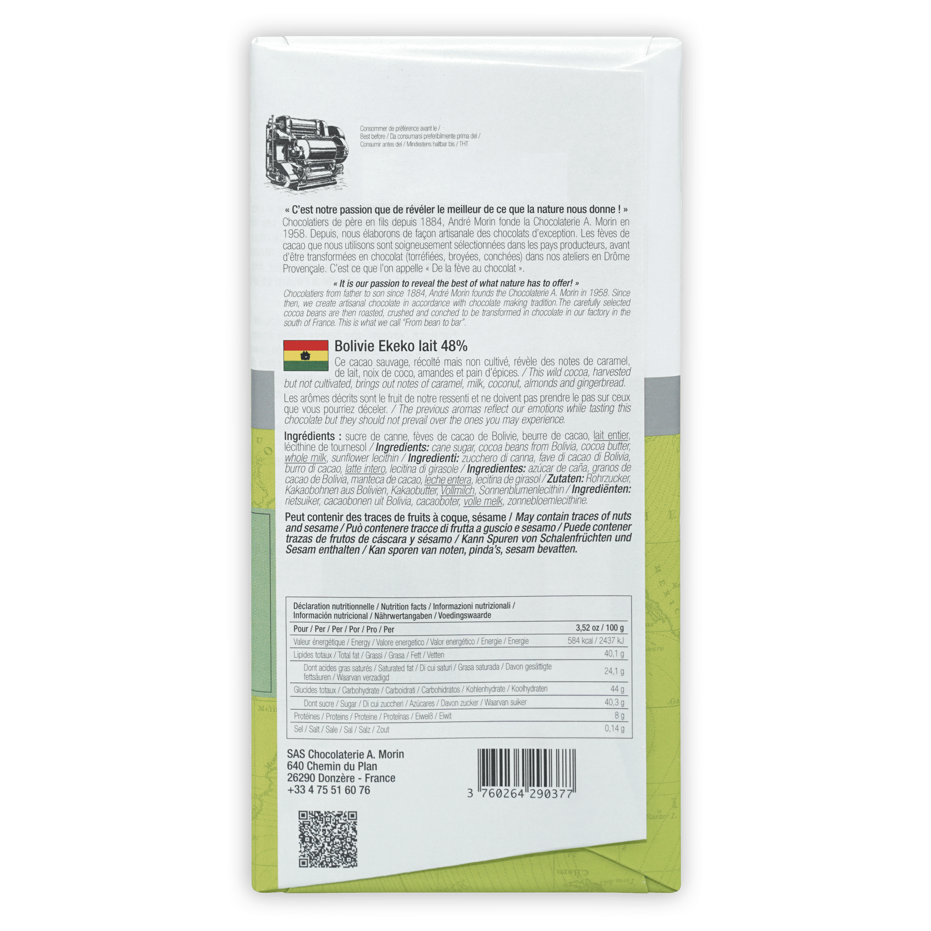 Back of A. Morin Bolivia Ekeko Milk 48% white green wrapper