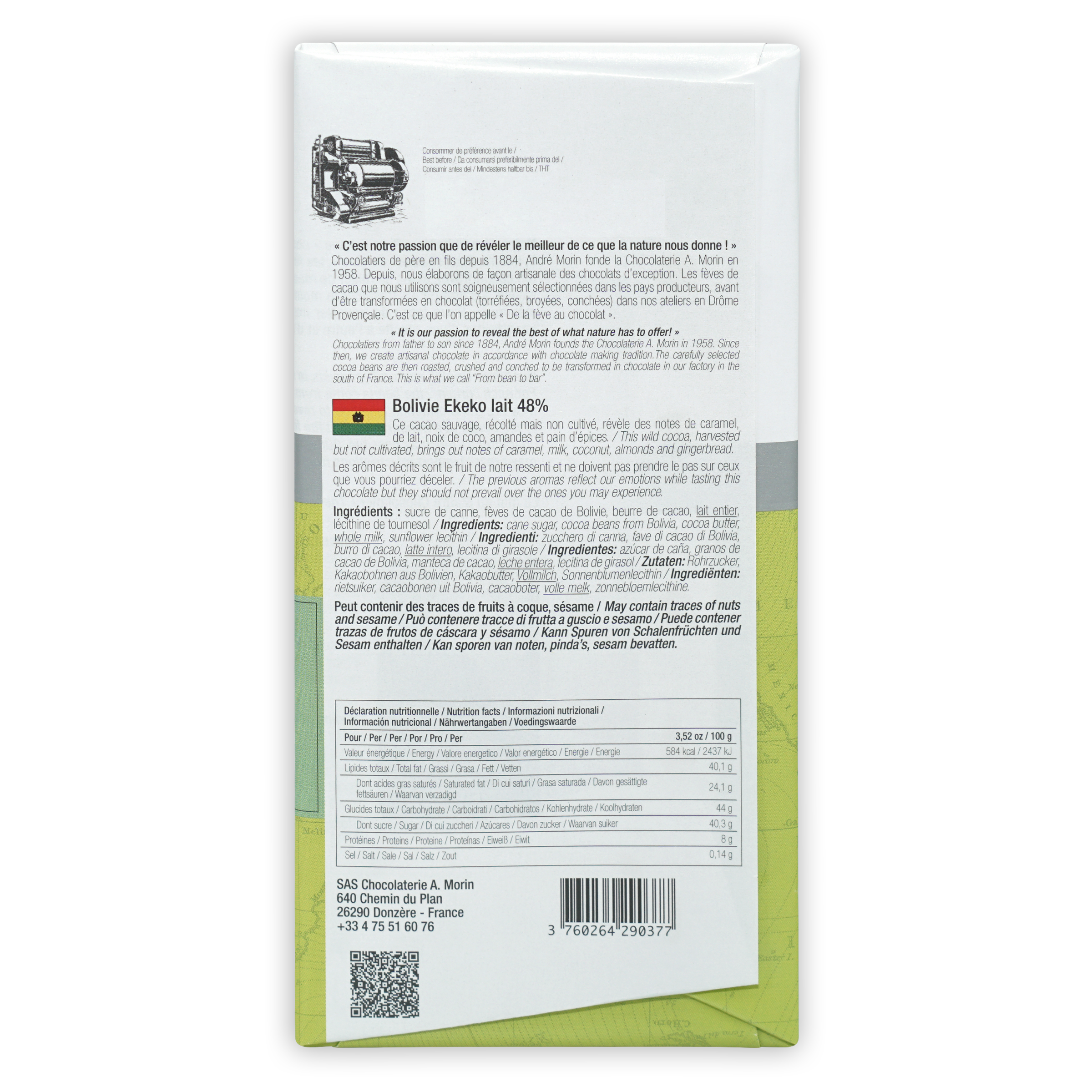 Back of A. Morin Bolivia Ekeko Milk 48% white green wrapper