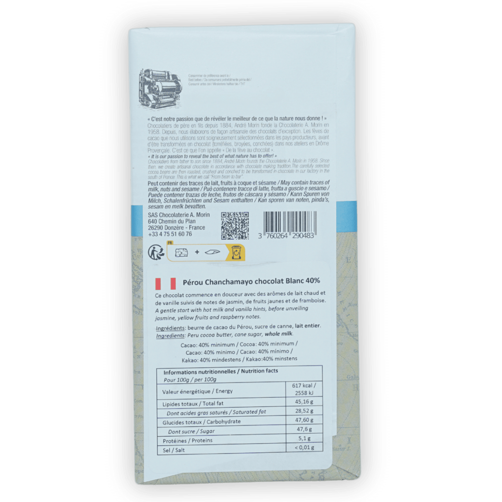 Back of A. Morin Perou Chanchamayo White 40% bar wrapper with French text