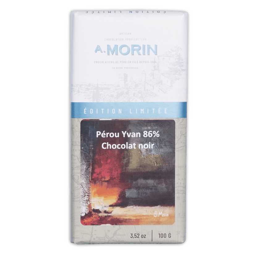 A. Morin bar, white top with painterly panel, Edition Limitee band, Perou Yvan 86% Chocolat noir, 100 g