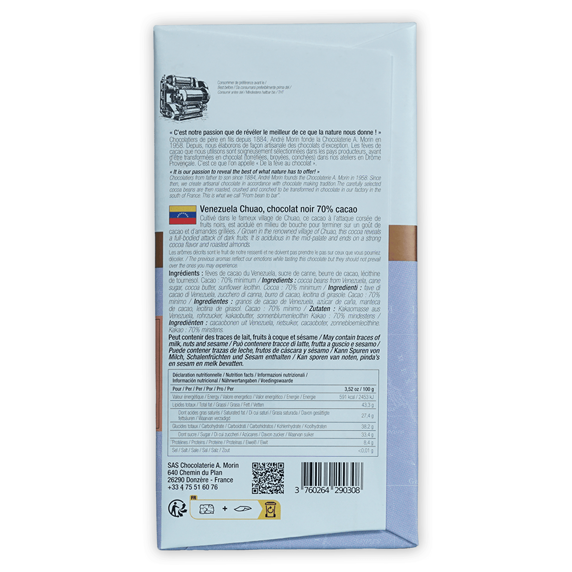 Back of A. Morin Venezuela Chuao 70% white wrapper with multilingual text
