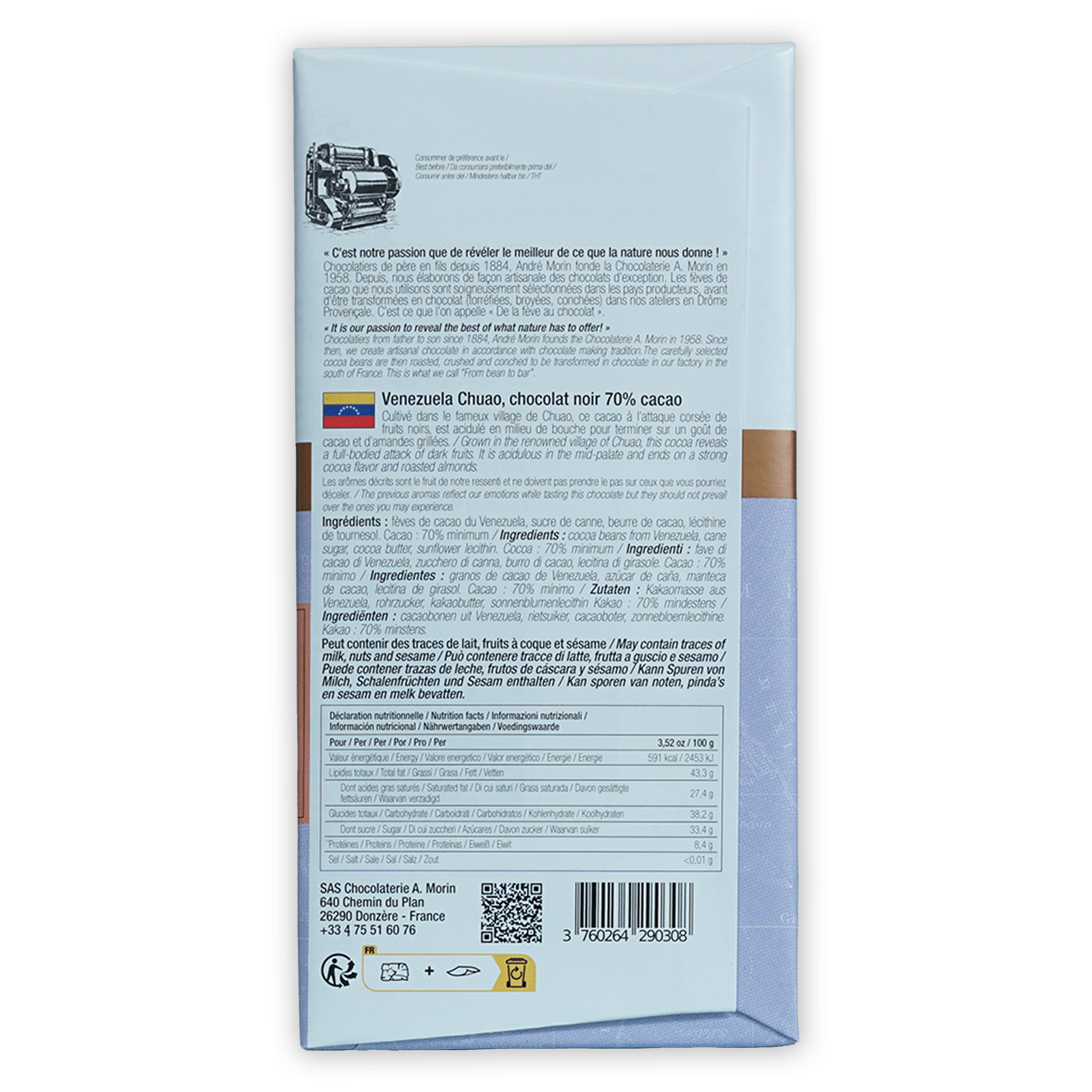 Back of A. Morin Venezuela Chuao 70% white wrapper with multilingual text
