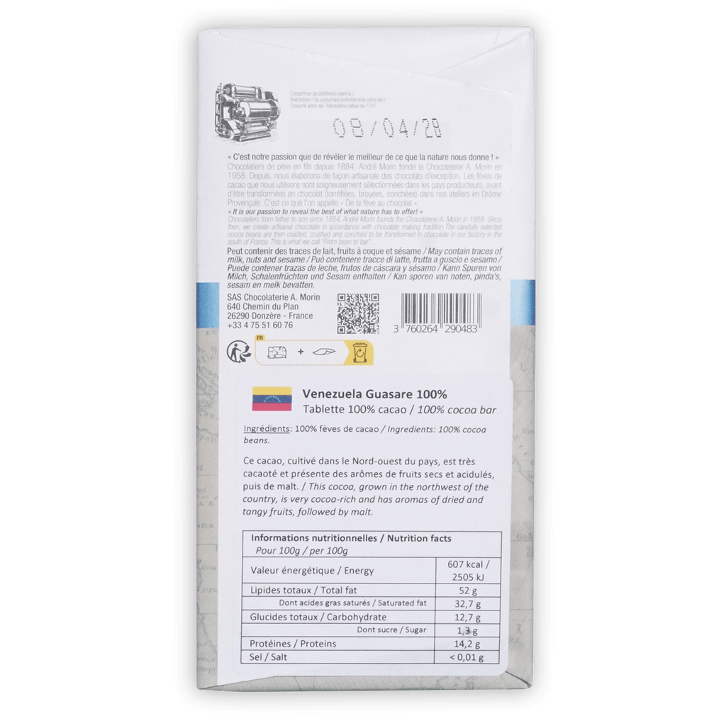 Back of A. Morin Venezuela Guasare 100% box, multilingual brand text, Venezuela flag, ingredients and nutrition panel