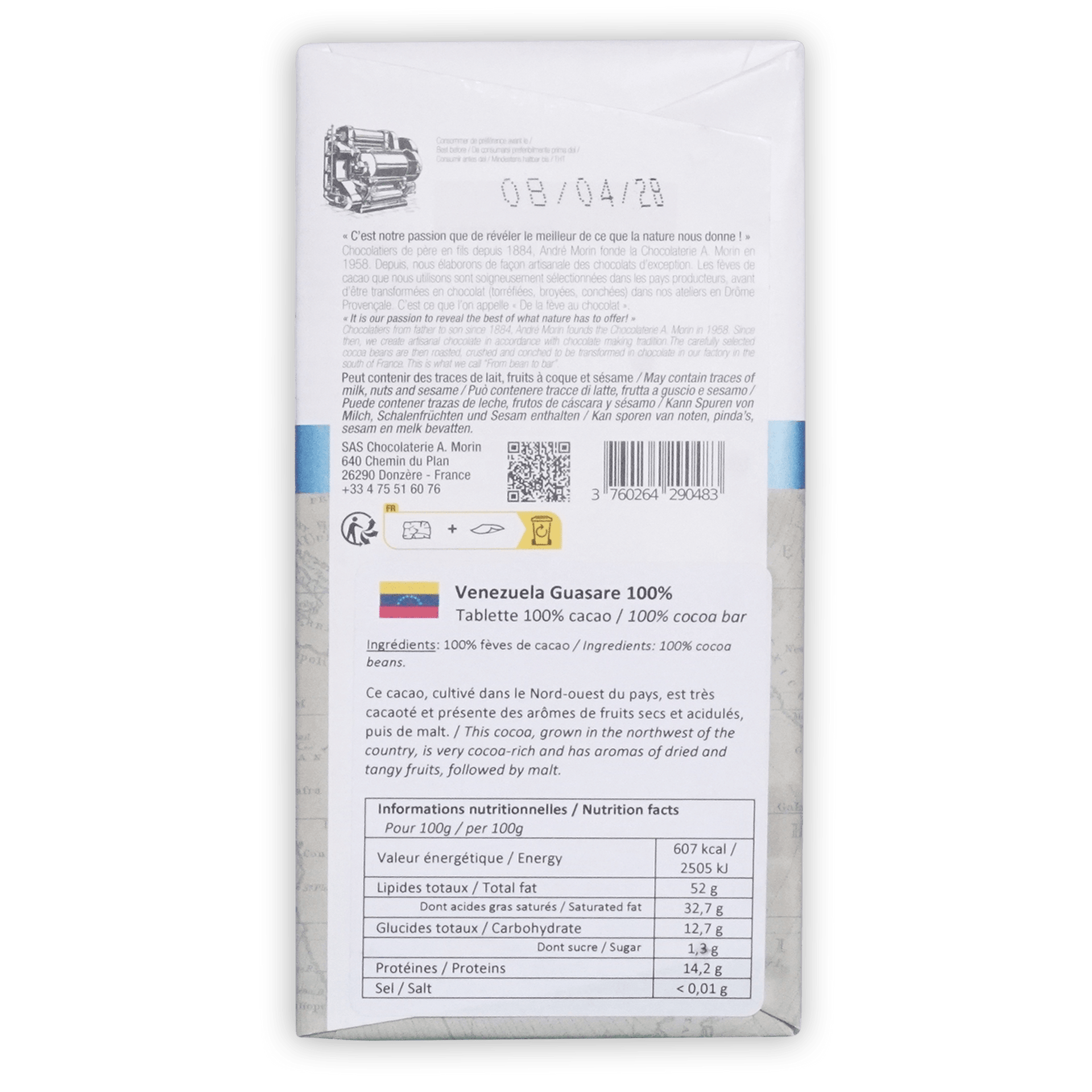 Back of A. Morin Venezuela Guasare 100% box, multilingual brand text, Venezuela flag, ingredients and nutrition panel