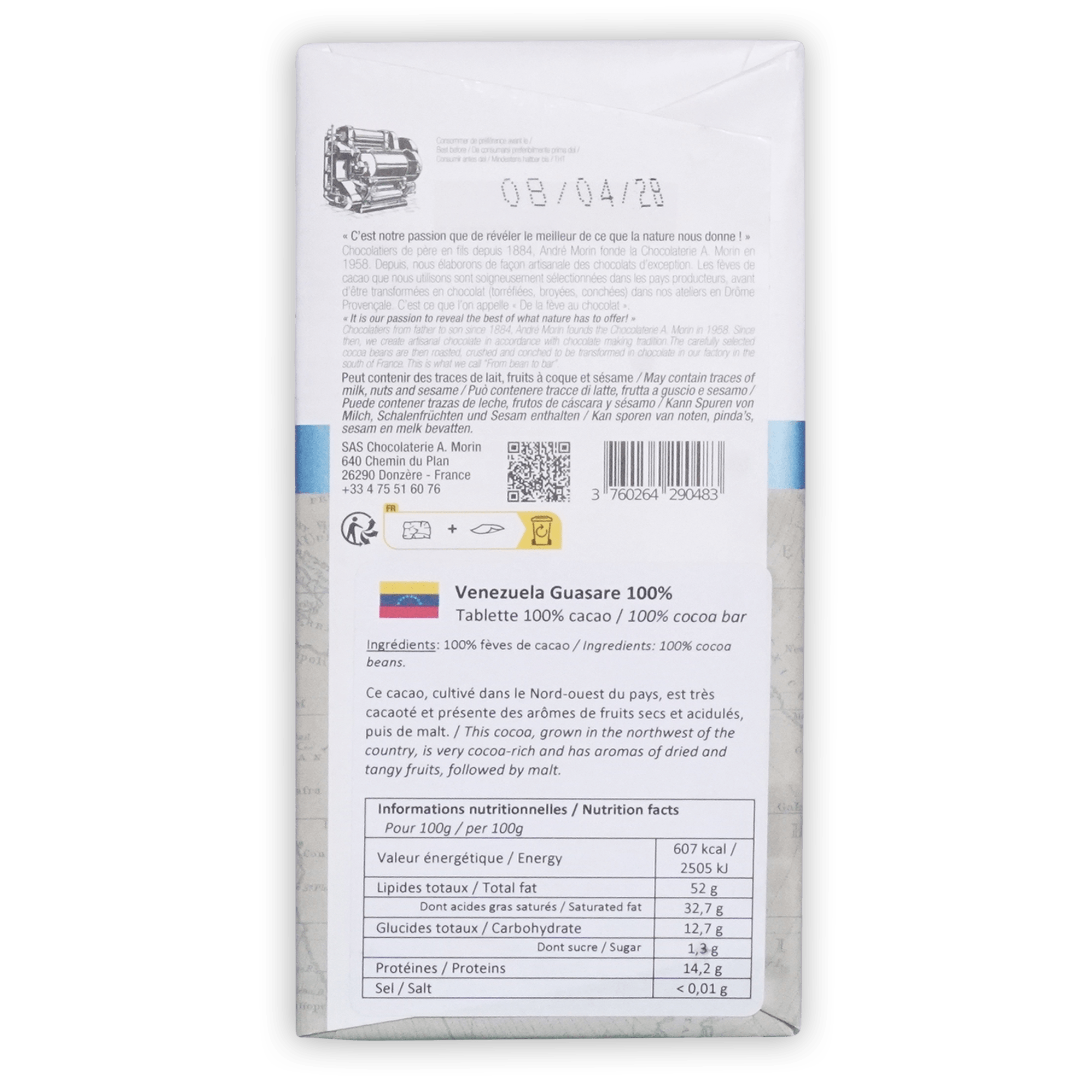 Back of A. Morin Venezuela Guasare 100% box, multilingual brand text, Venezuela flag, ingredients and nutrition panel