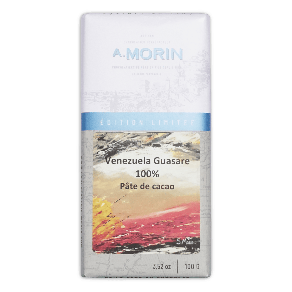 A. Morin Venezuela Guasare 100% cacao bar, white and blue Edition Limitee box with a painted landscape, 100g