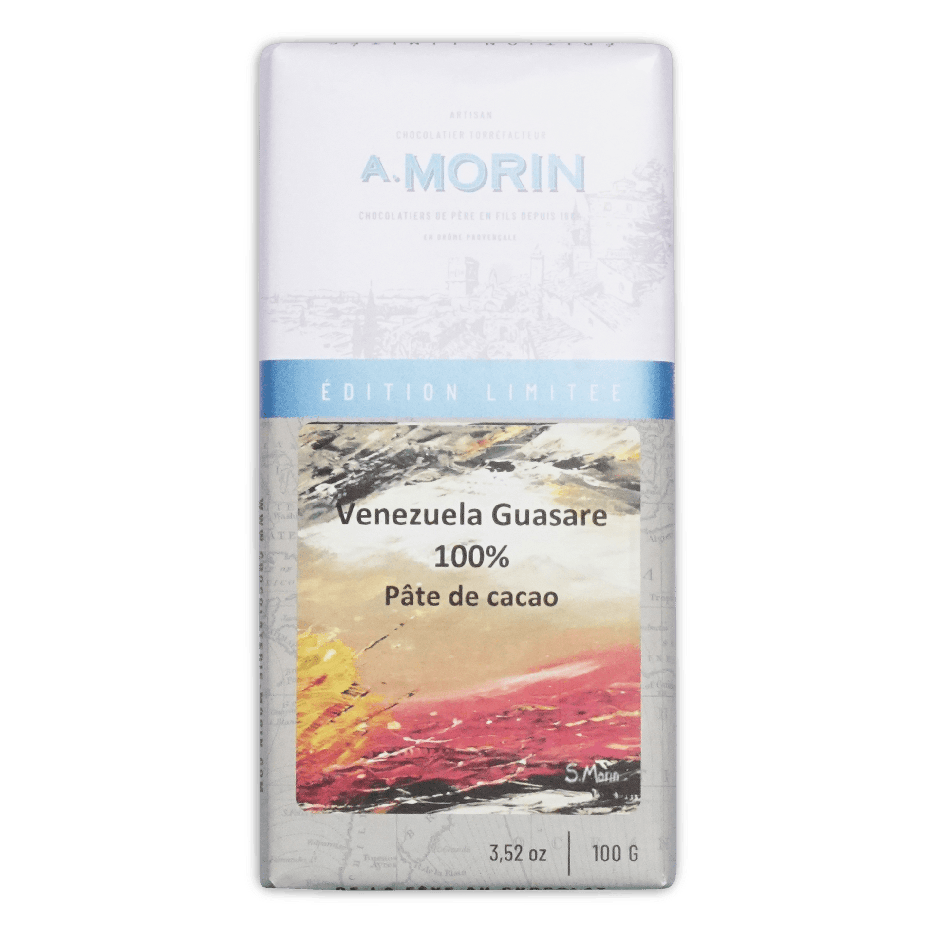 A. Morin Venezuela Guasare 100% cacao bar, white and blue Edition Limitee box with a painted landscape, 100g