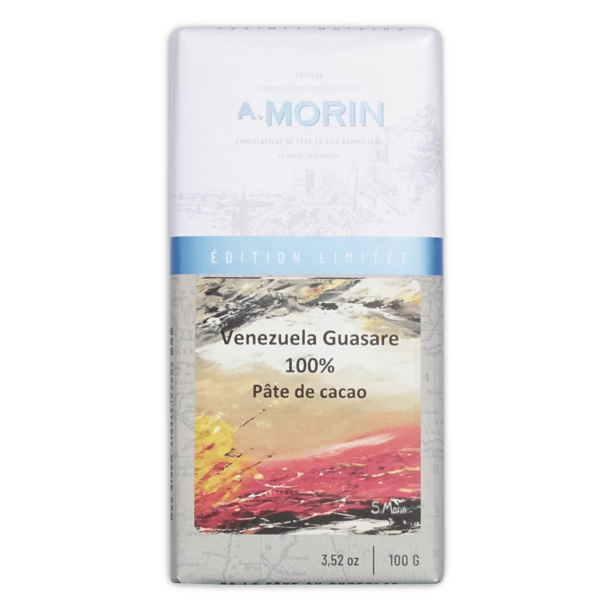 A. Morin Venezuela Guasare 100% cacao bar, white and blue Edition Limitee box with a painted landscape, 100g