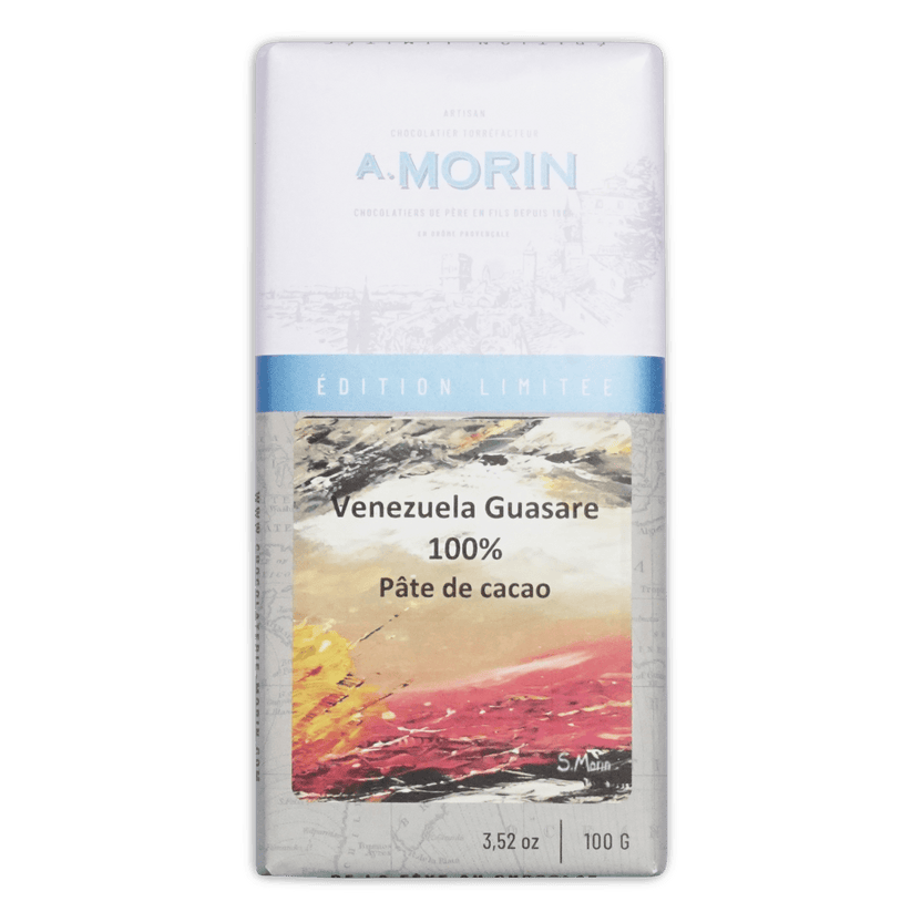 A. Morin Venezuela Guasare 100% cacao bar, white and blue Edition Limitee box with a painted landscape, 100g