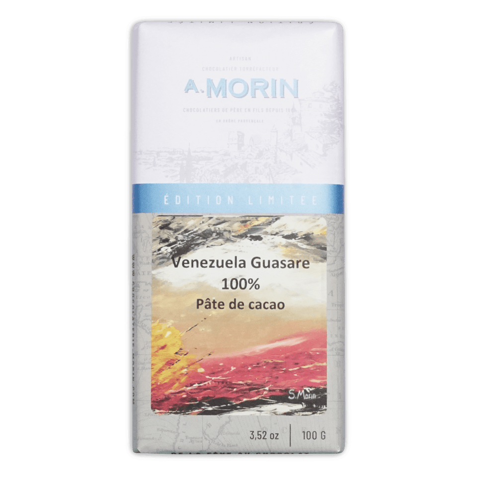 A. Morin Venezuela Guasare 100% cacao bar, white and blue Edition Limitee box with a painted landscape, 100g