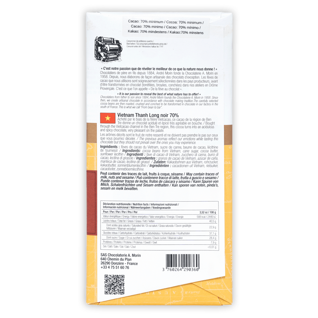 A. Morin Vietnam Thanh Long 70% chocolate bar wrapper with cocoa pod