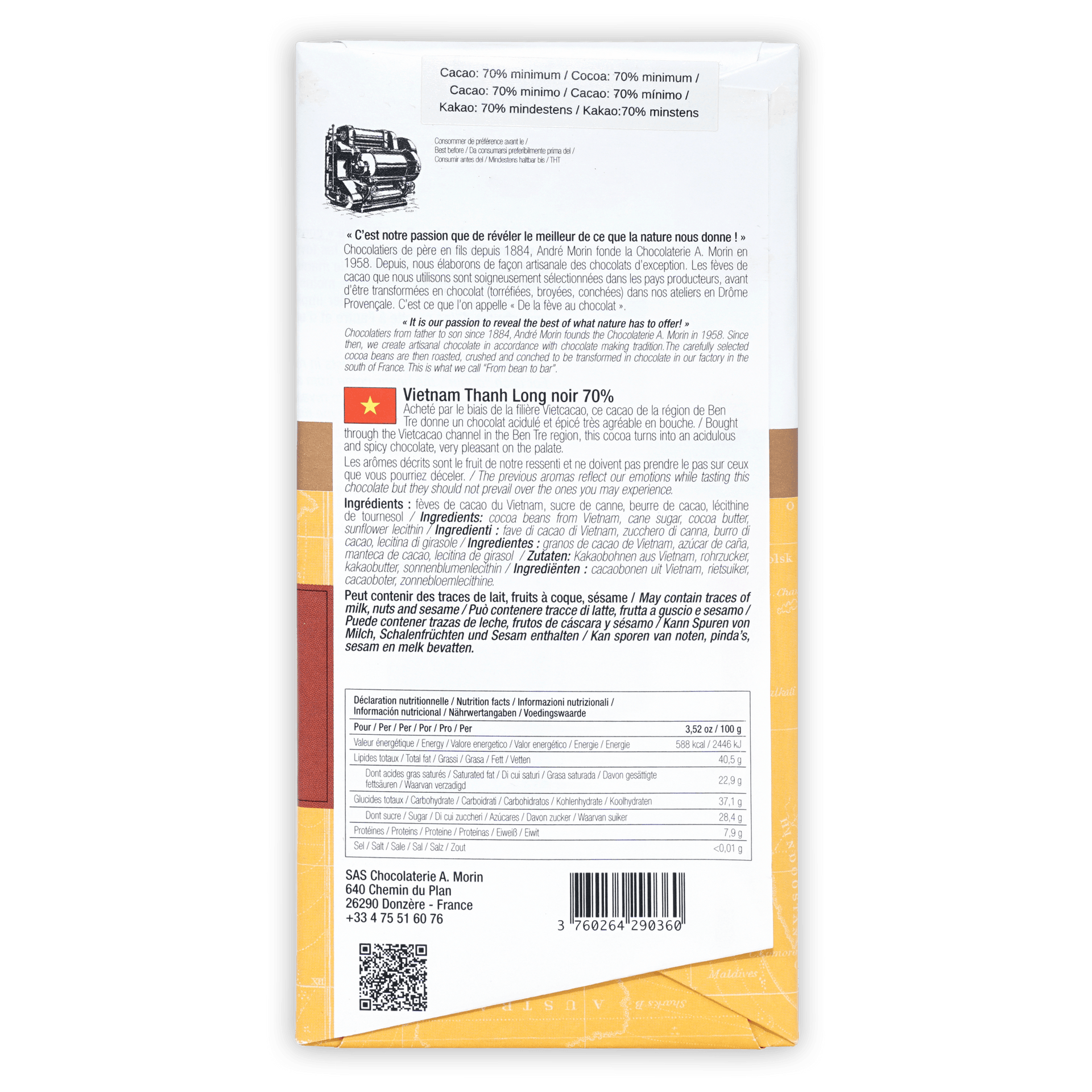 A. Morin Vietnam Thanh Long 70% chocolate bar wrapper with cocoa pod