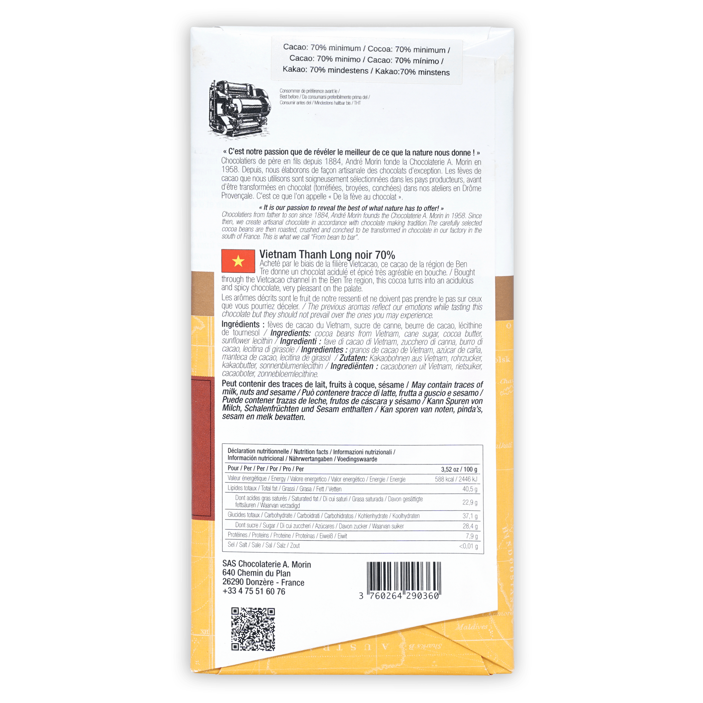 A. Morin Vietnam Thanh Long 70% chocolate bar wrapper with cocoa pod