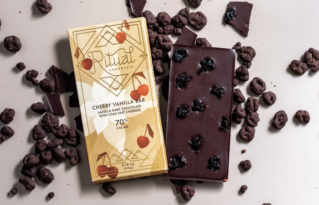 Ritual Dark Cherry Vanilla Bar 70%: golden-wrapped 70% cacao dark chocolate with Utah tart cherries