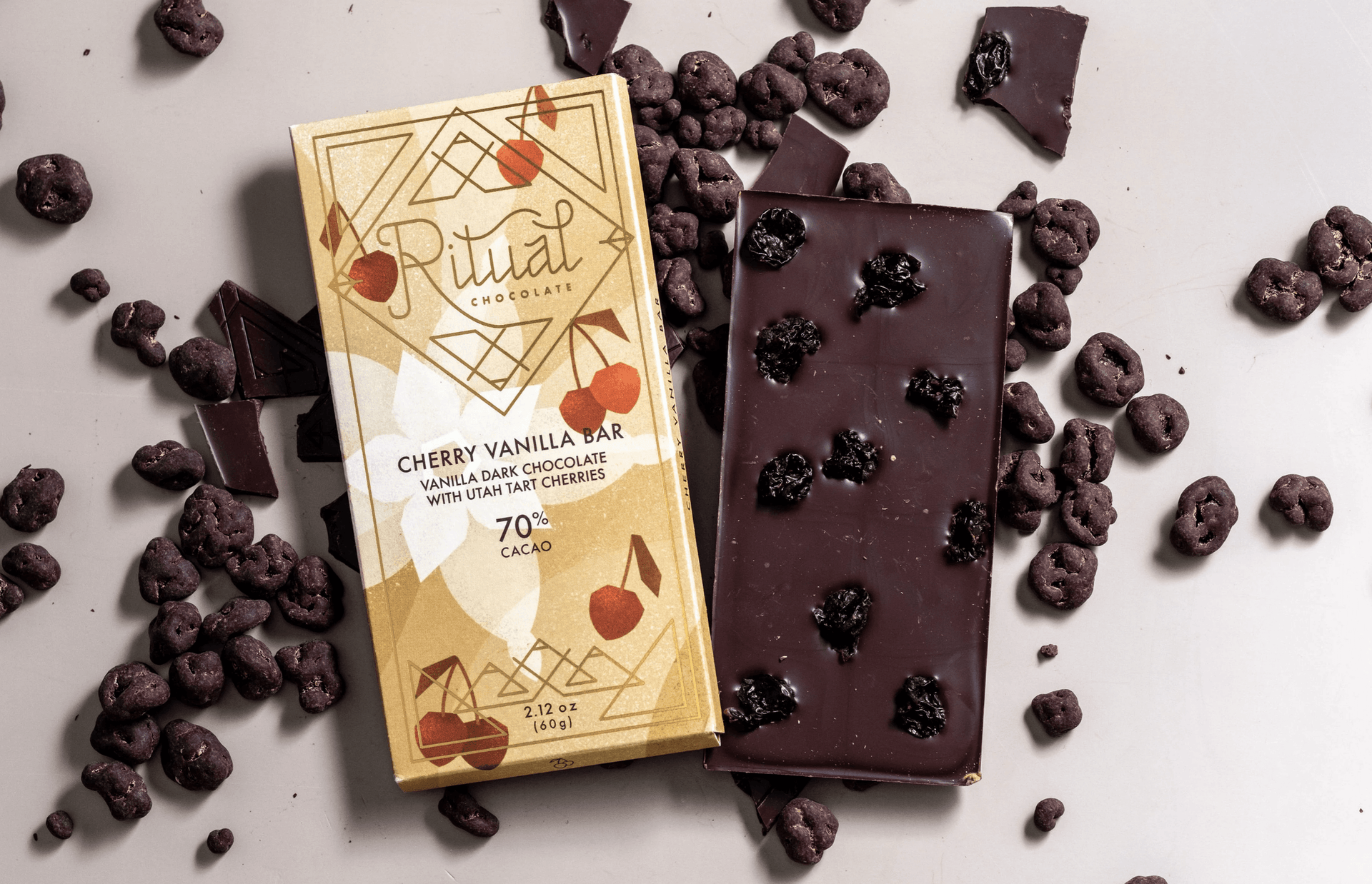 Ritual Dark Cherry Vanilla Bar 70%: golden-wrapped 70% cacao dark chocolate with Utah tart cherries