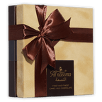 Al Nassma camel milk praline chocolate gift box, 18 pcs, gold with brown ribbon