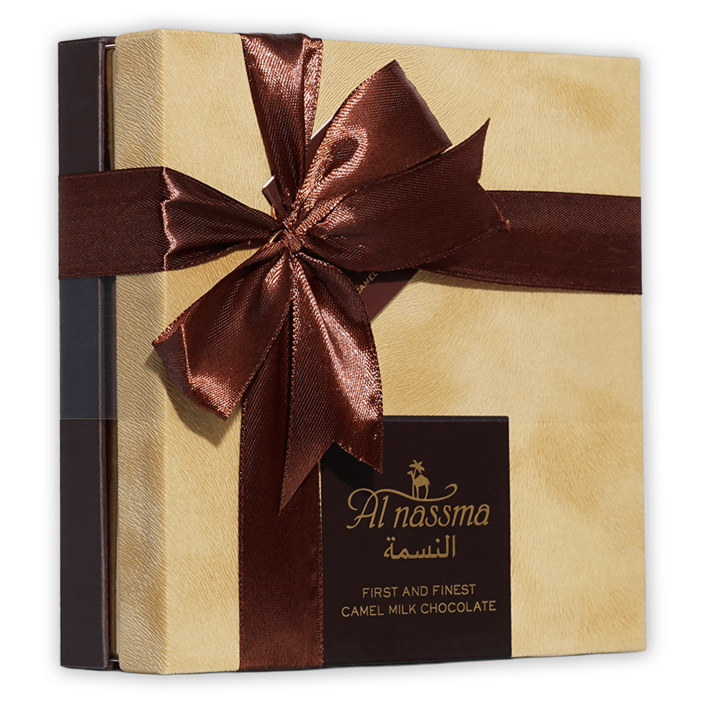 Al Nassma camel milk praline chocolate gift box, 18 pcs, gold with brown ribbon