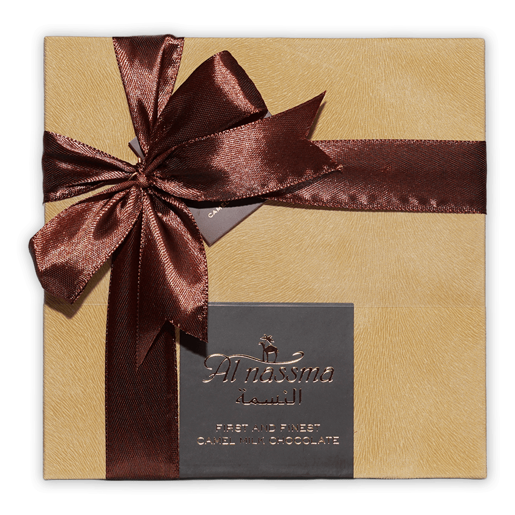 Al Nassma Camel Milk Praline Chocolate Gift Box with gold bow