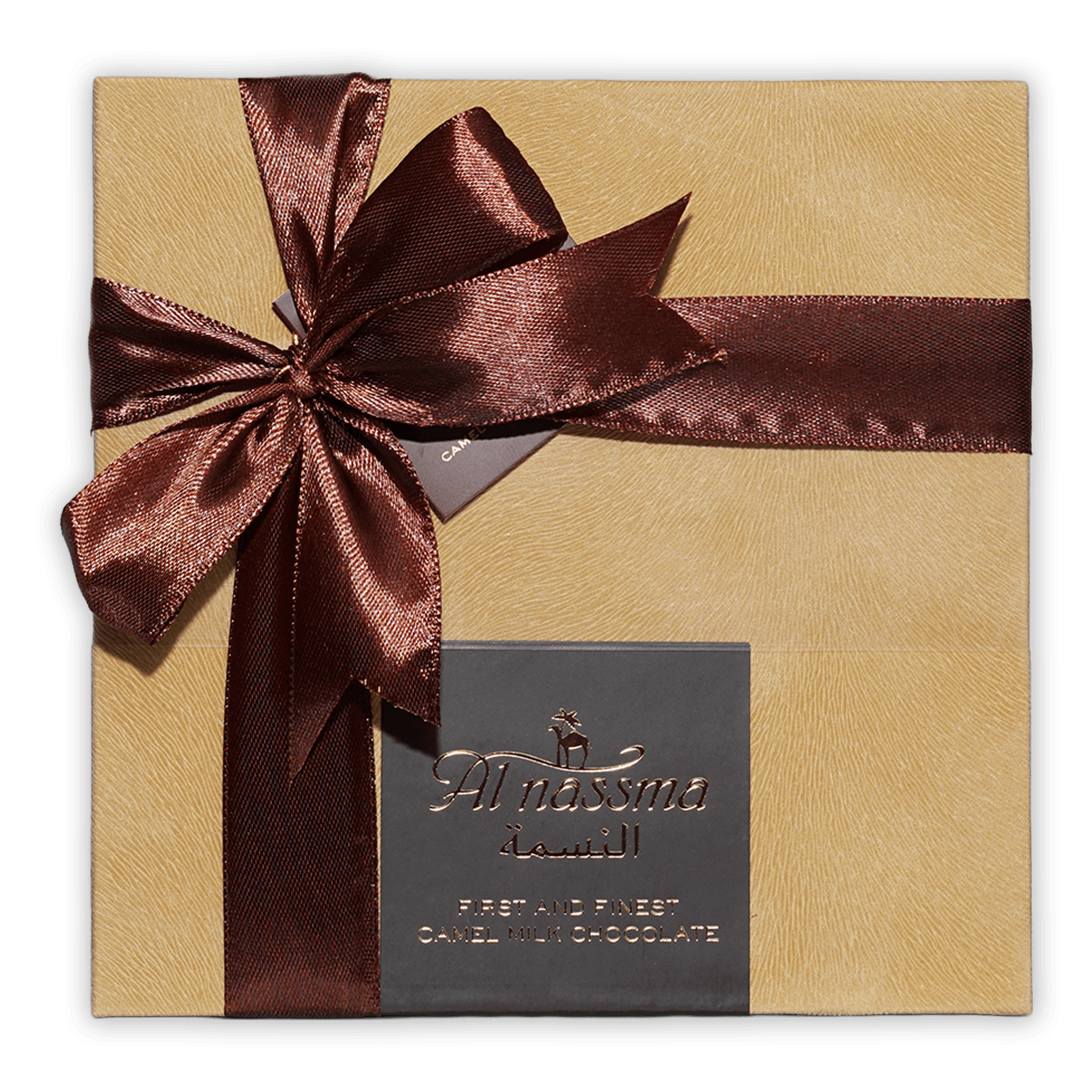 Al Nassma Camel Milk Praline Chocolate Gift Box with gold bow