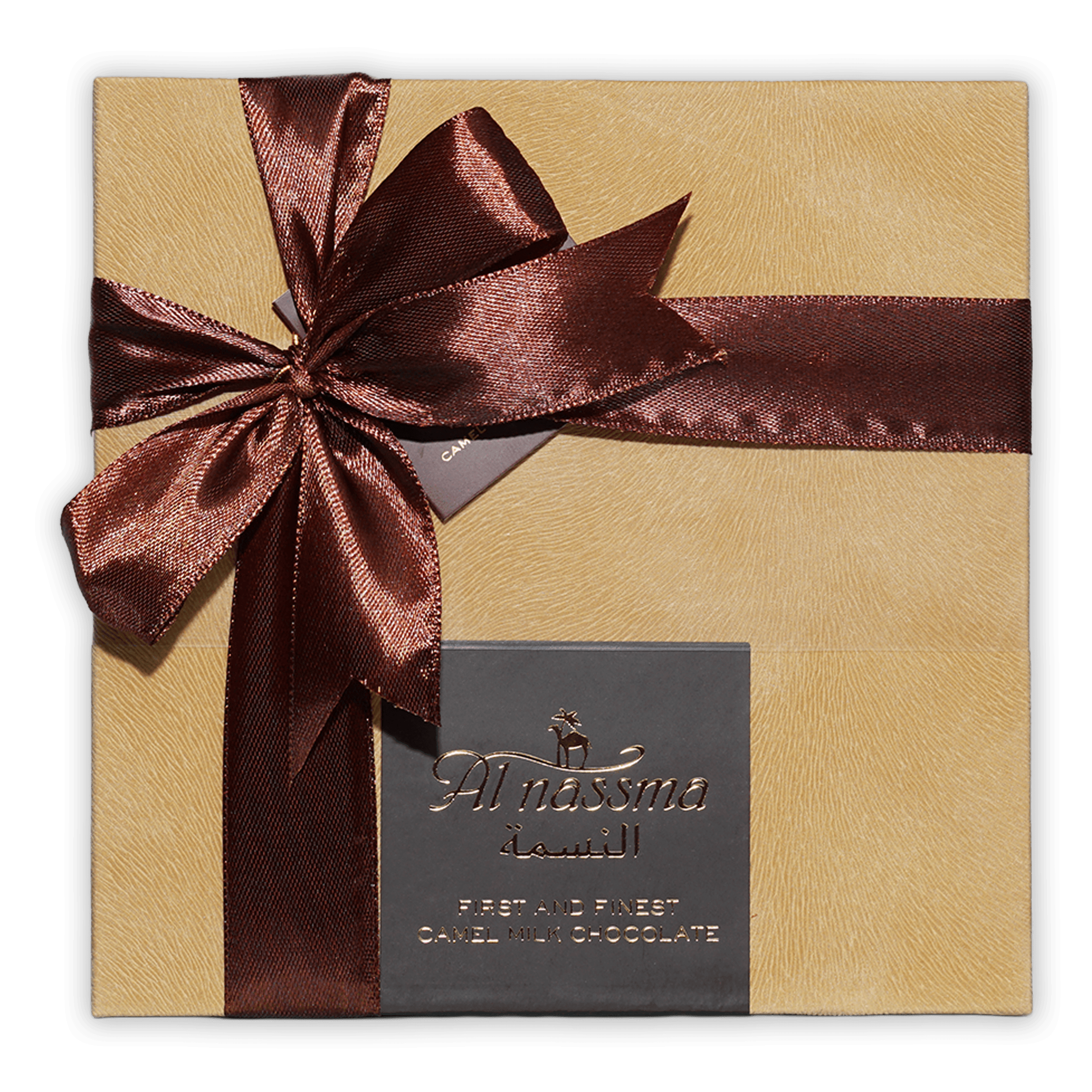 Al Nassma Camel Milk Praline Chocolate Gift Box with gold bow