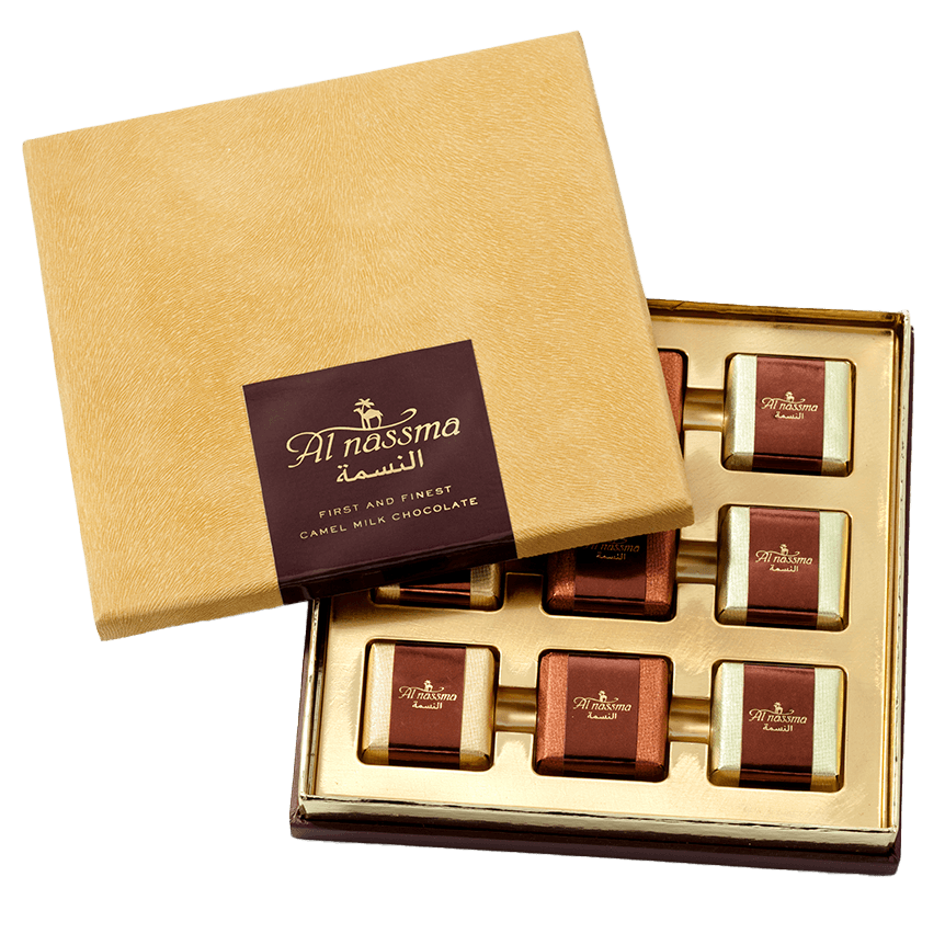 Al Nassma camel milk praline chocolate gift box with 6 gold bars