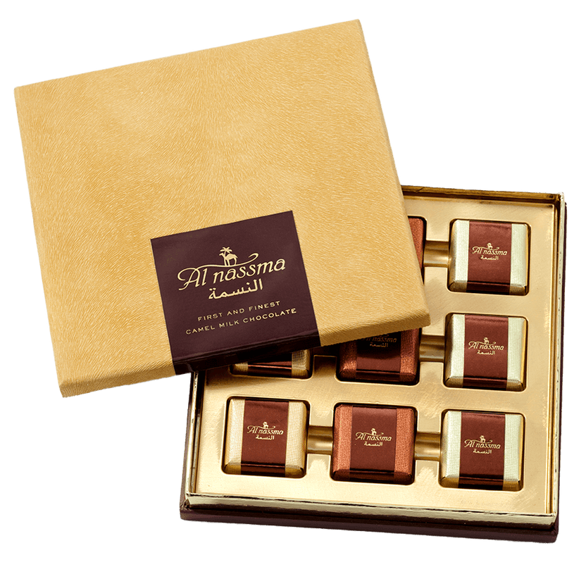 Al Nassma camel milk praline chocolate gift box with 6 gold bars