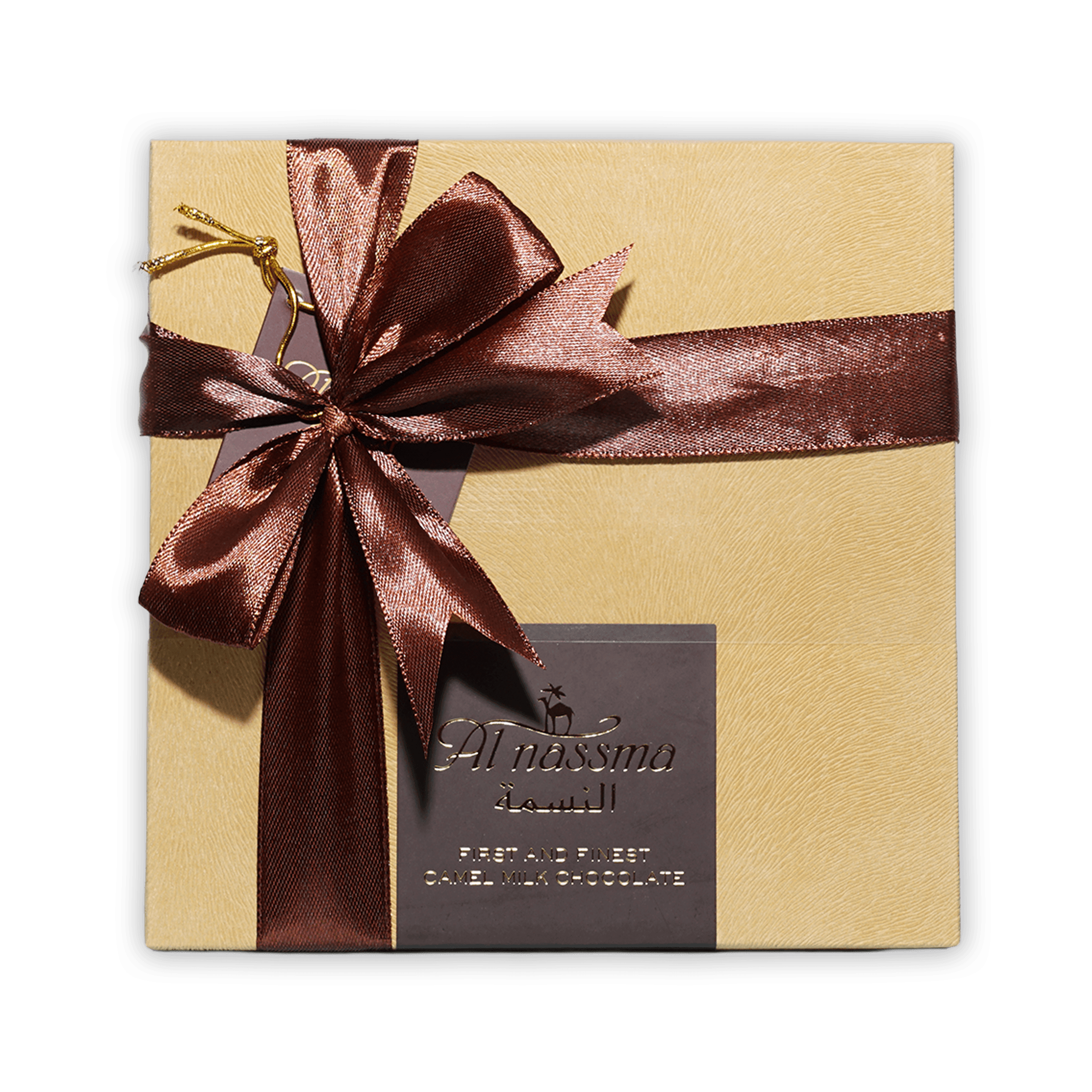 Al Nassma camel milk praline chocolate gift box 9 pcs gold with burgundy bow