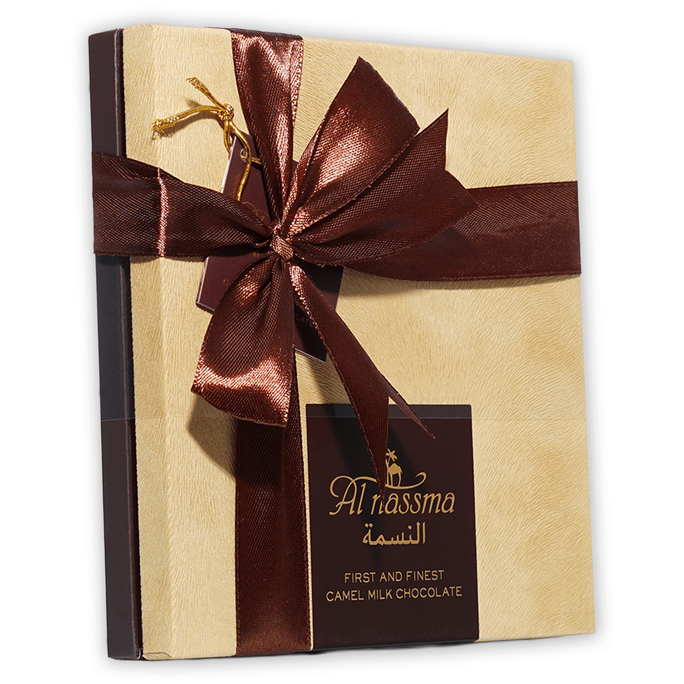 Al Nassma camel milk praline chocolate gift box with 9 pcs, beige textured with maroon bow