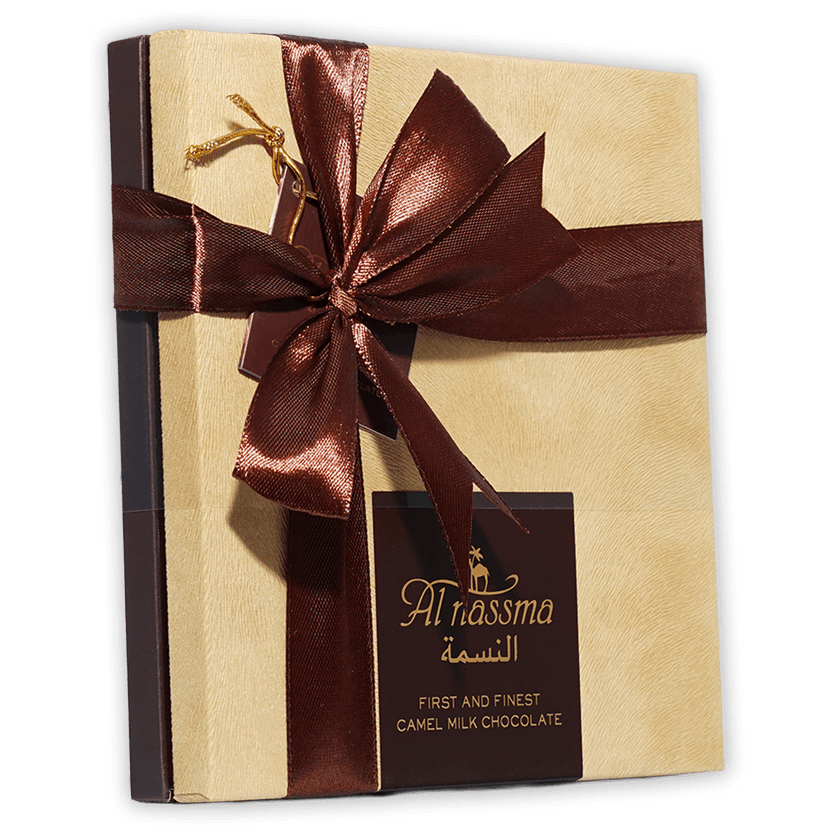 Al Nassma camel milk praline chocolate gift box with 9 pcs, beige textured with maroon bow
