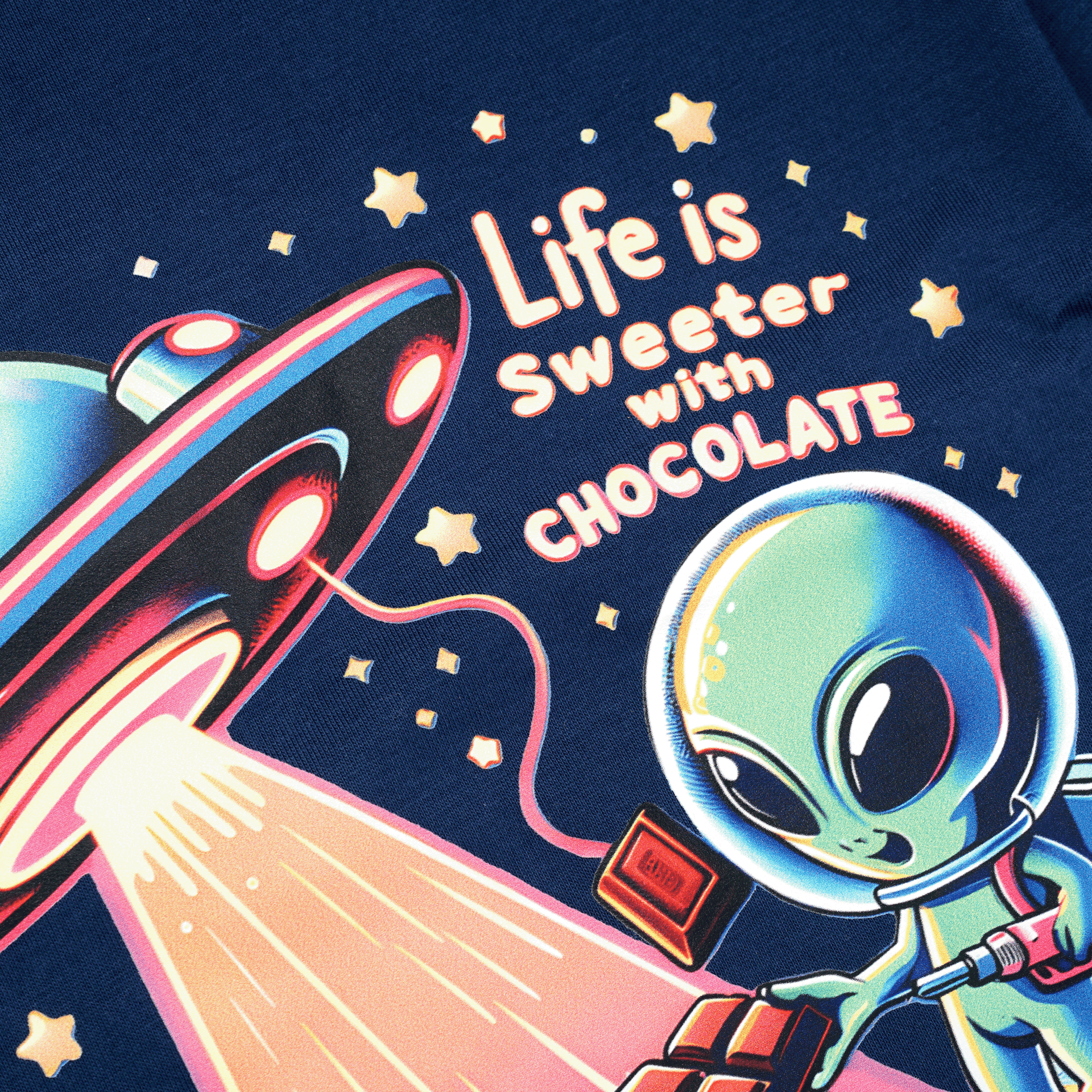 Alien Life Is Sweeter w/ Chocolate Tee: navy blue t-shirt with vibrant UFO alien holding chocolate bars
