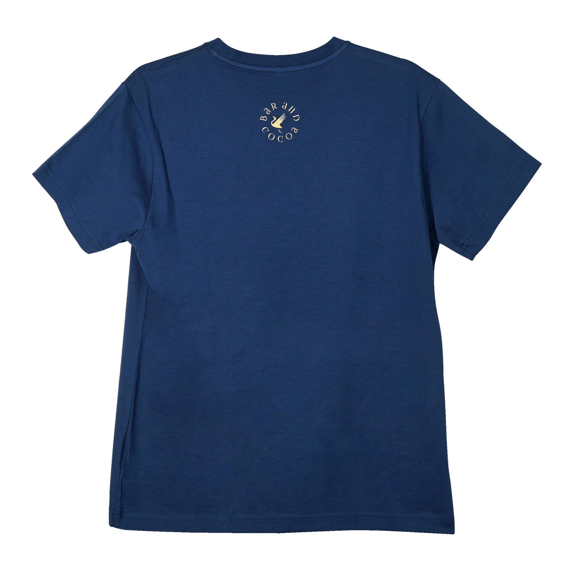 Back of navy blue Alien Life Is Sweeter w/ Chocolate Tee with gold Par a la Cocoa bird logo