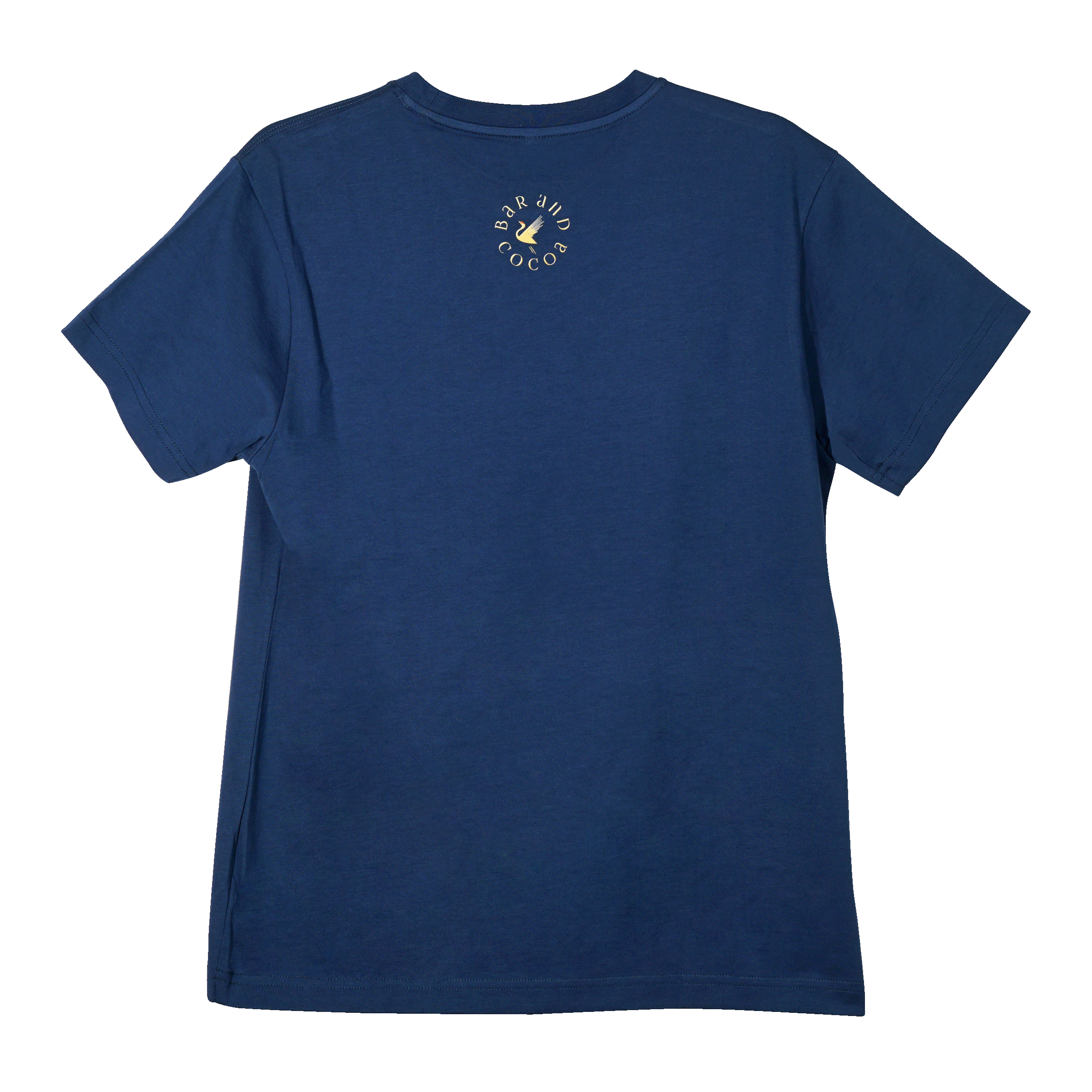 Back of navy blue Alien Life Is Sweeter w/ Chocolate Tee with gold Par a la Cocoa bird logo