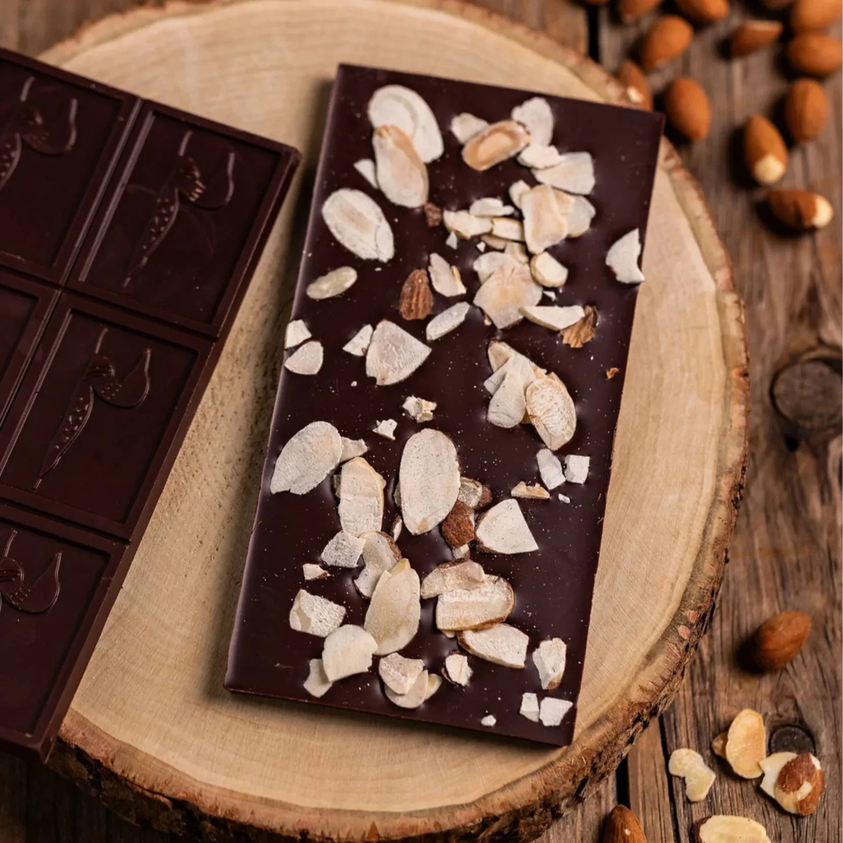 Loon Chocolate Dark w/ Almonds 70% bar topped with chopped almonds