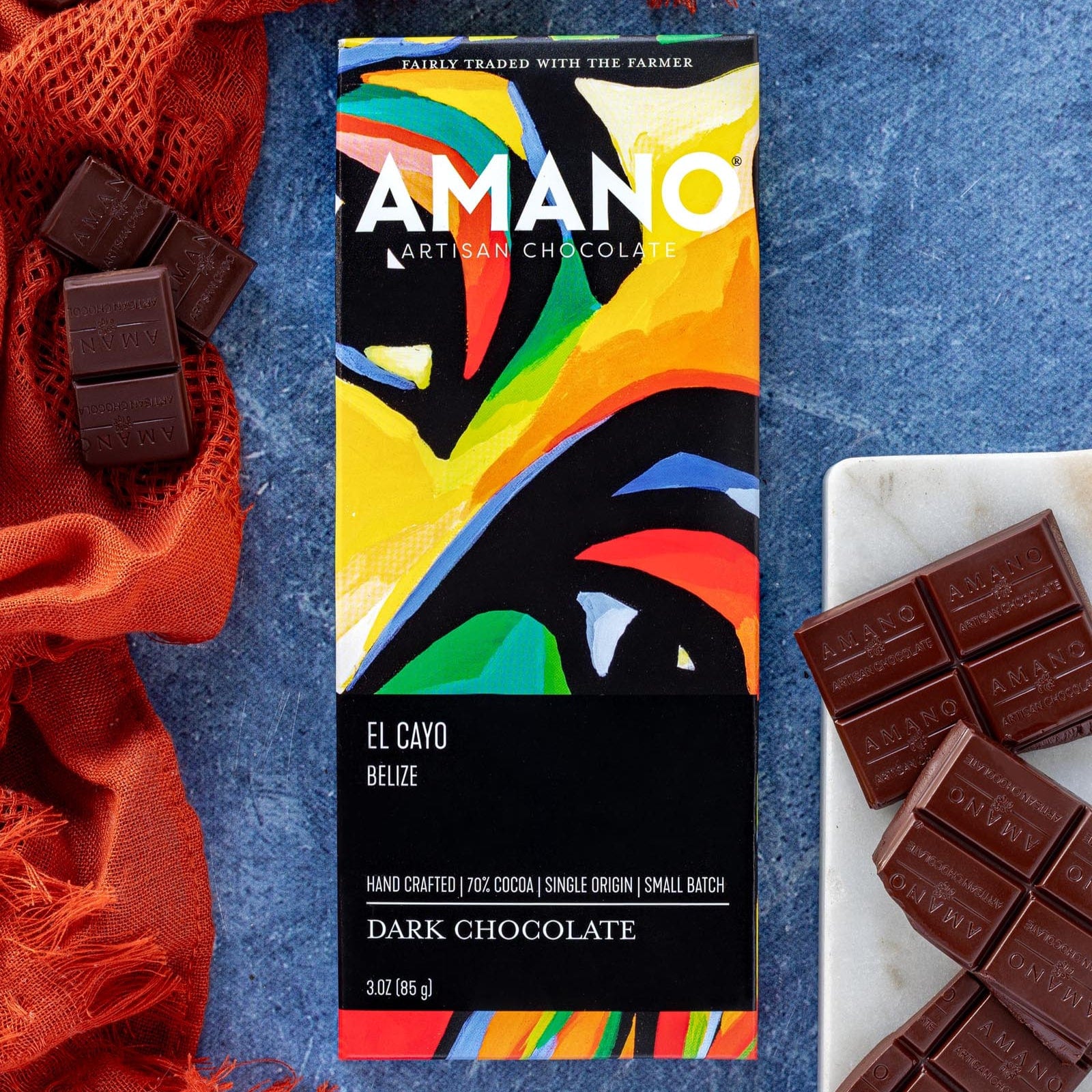 Amano Dark El Cayo Belize 70% artisan chocolate bar with rainbow abstract art