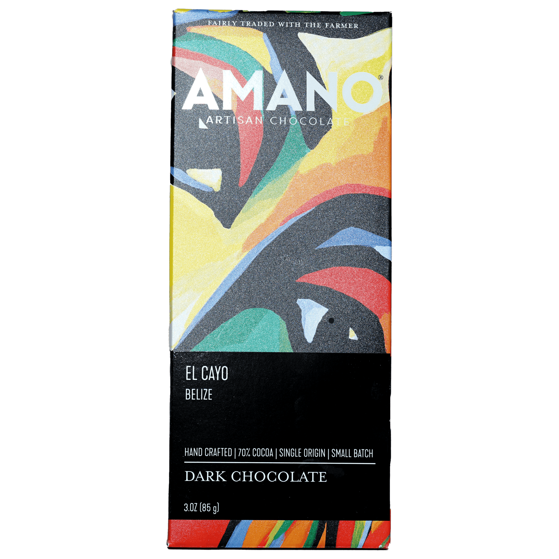 Amano Dark El Cayo Belize 70% artisan chocolate bar with vibrant abstract wrapper