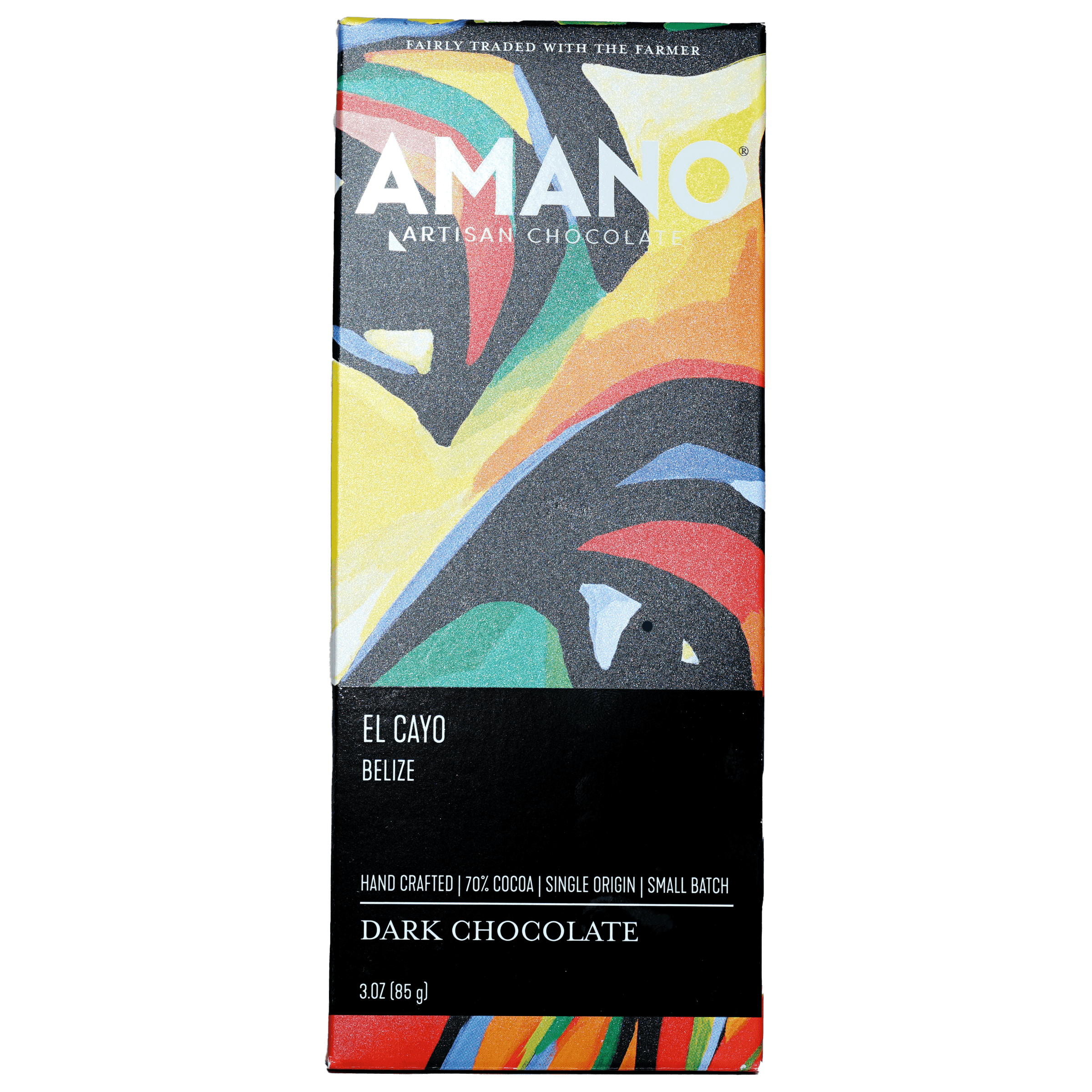Amano Dark El Cayo Belize 70% artisan chocolate bar with vibrant abstract wrapper