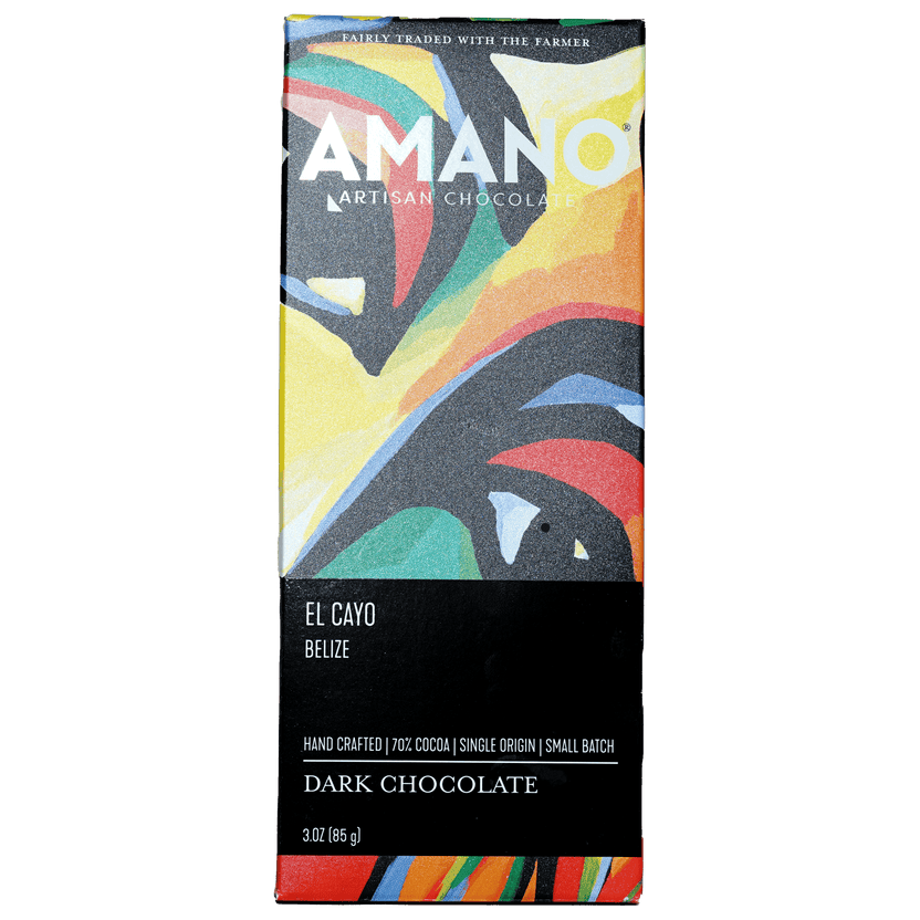 Amano Dark El Cayo Belize 70% artisan chocolate bar with vibrant abstract wrapper