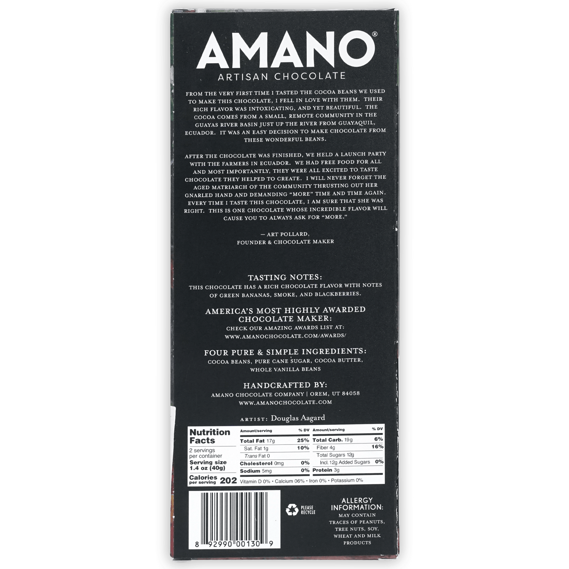 Amano Guayas 70% black artisan chocolate bar packaging with white text and barcode