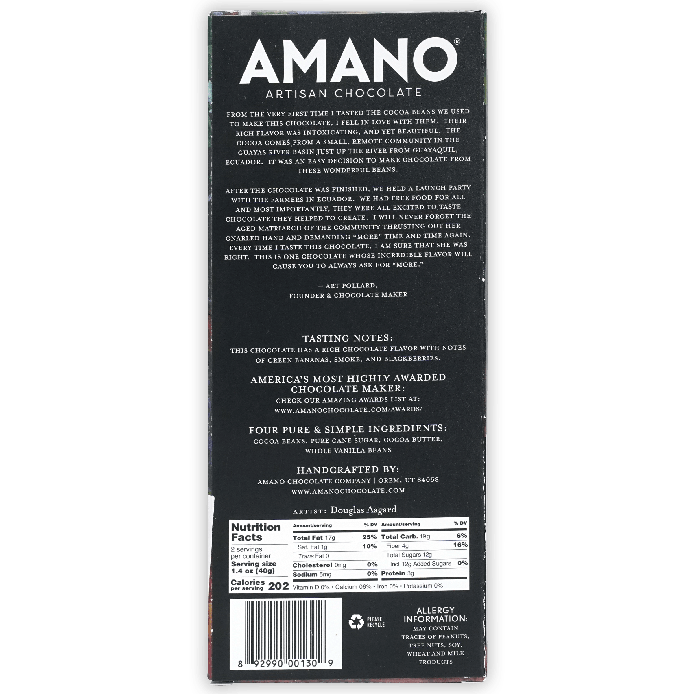 Amano Guayas 70% black artisan chocolate bar packaging with white text and barcode