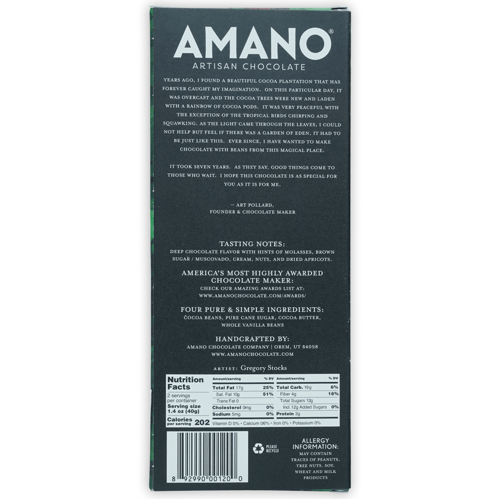 Back of Amano Macoris 70% dark green artisan chocolate bar box