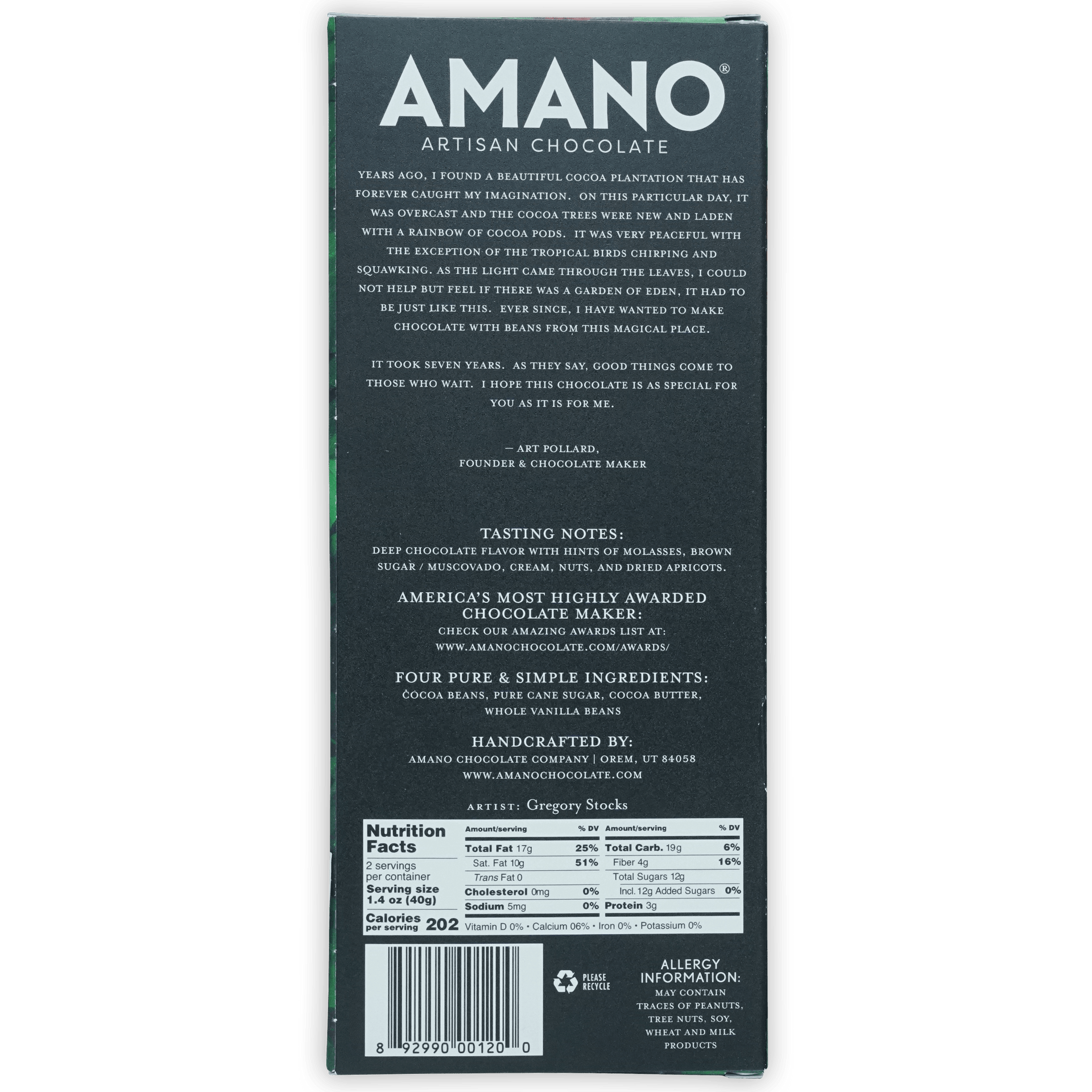 Back of Amano Macoris 70% dark green artisan chocolate bar box