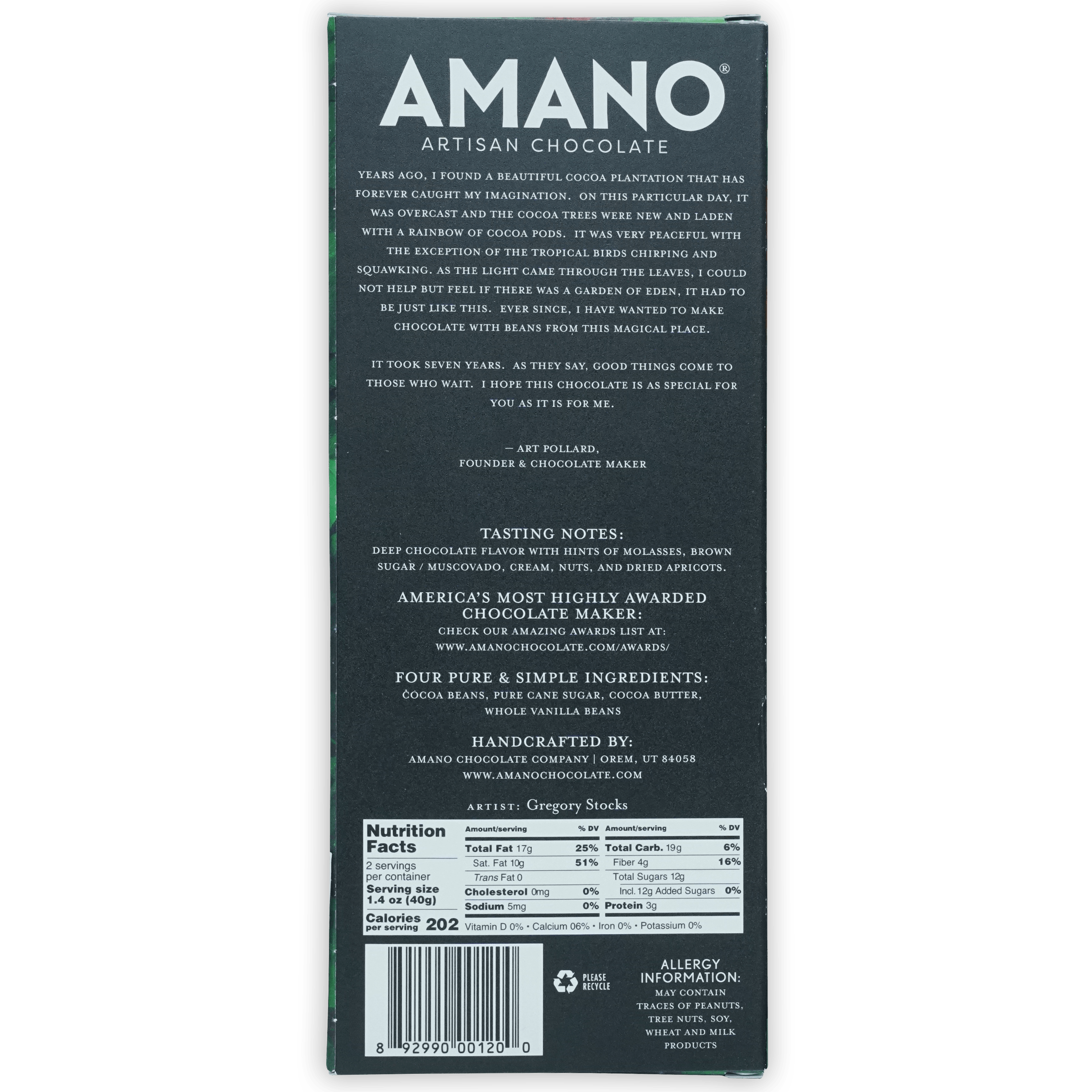 Back of Amano Macoris 70% dark green artisan chocolate bar box