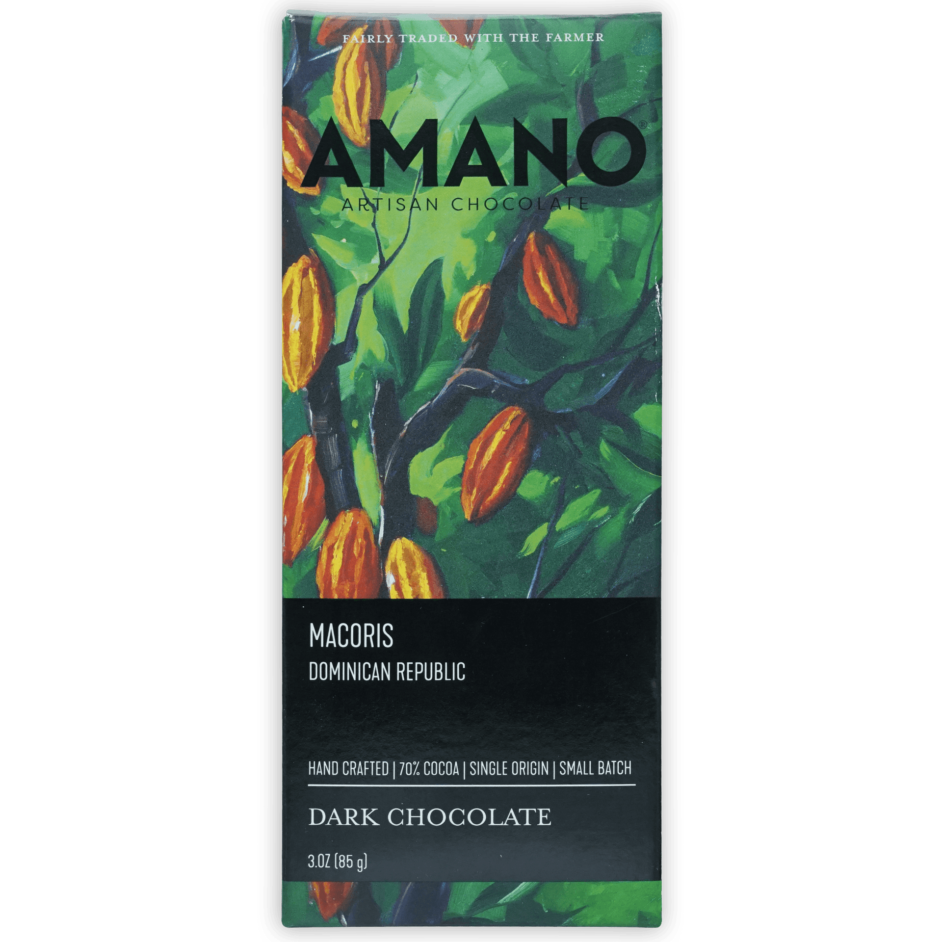 Amano Macoris 70% dark chocolate bar with green orange cocoa pod packaging