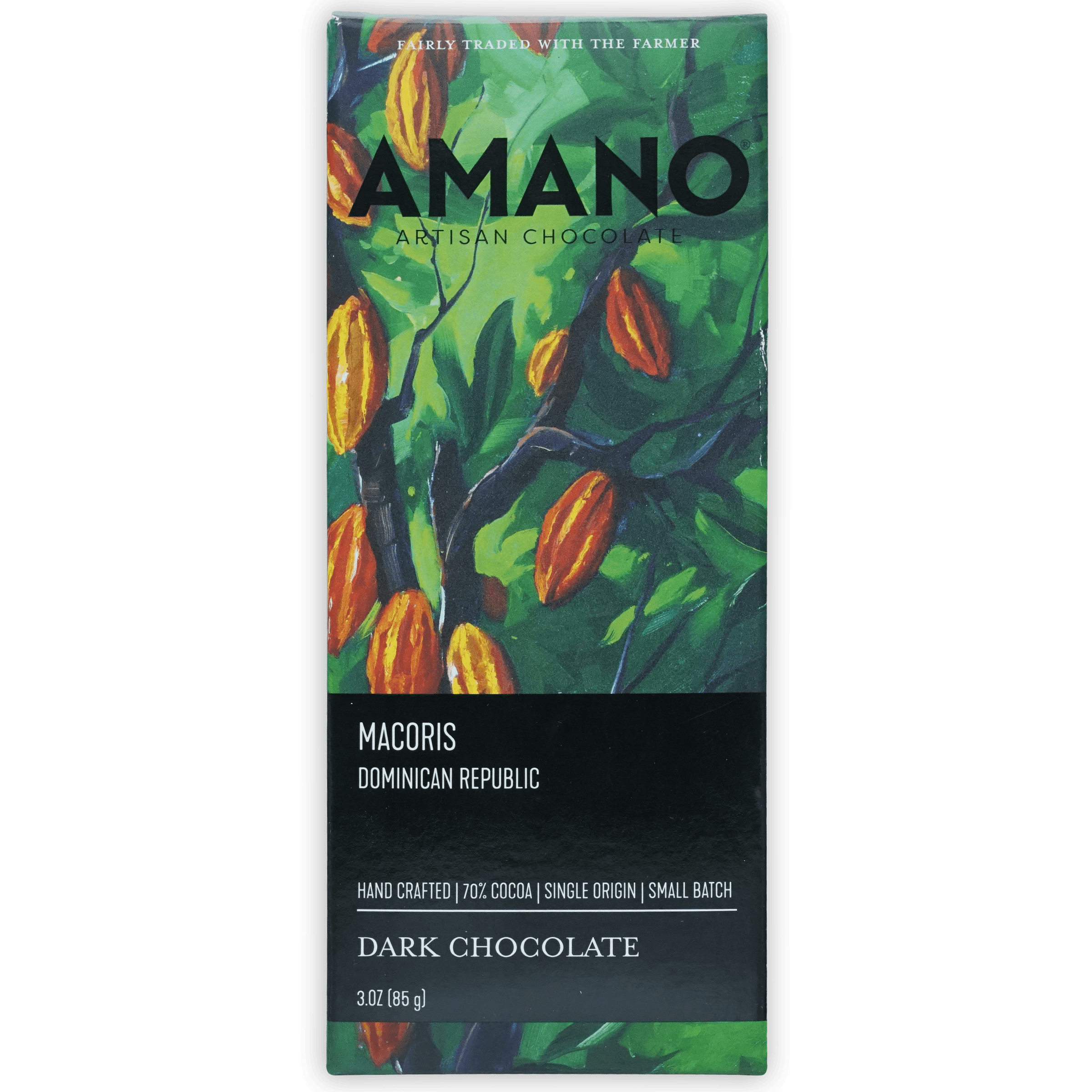 Amano Macoris 70% dark chocolate bar with green orange cocoa pod packaging