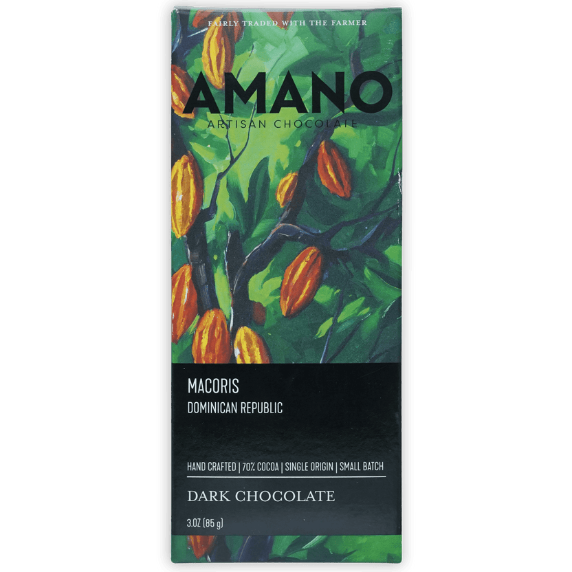Amano Macoris 70% dark chocolate bar with green orange cocoa pod packaging