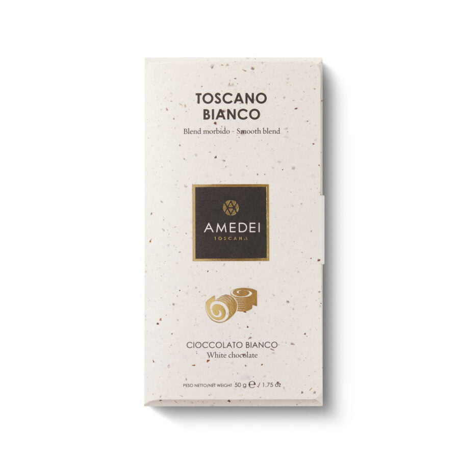 Amedei Toscano Bianco white chocolate bar wrapper with gold accents
