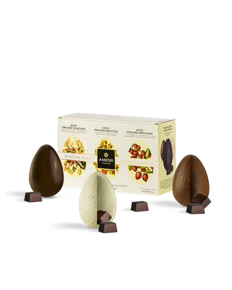 Amedei Easter Eggs Trio limited edition glossy dark and white chocolate eggs filled with nutty and berry fruit fillings