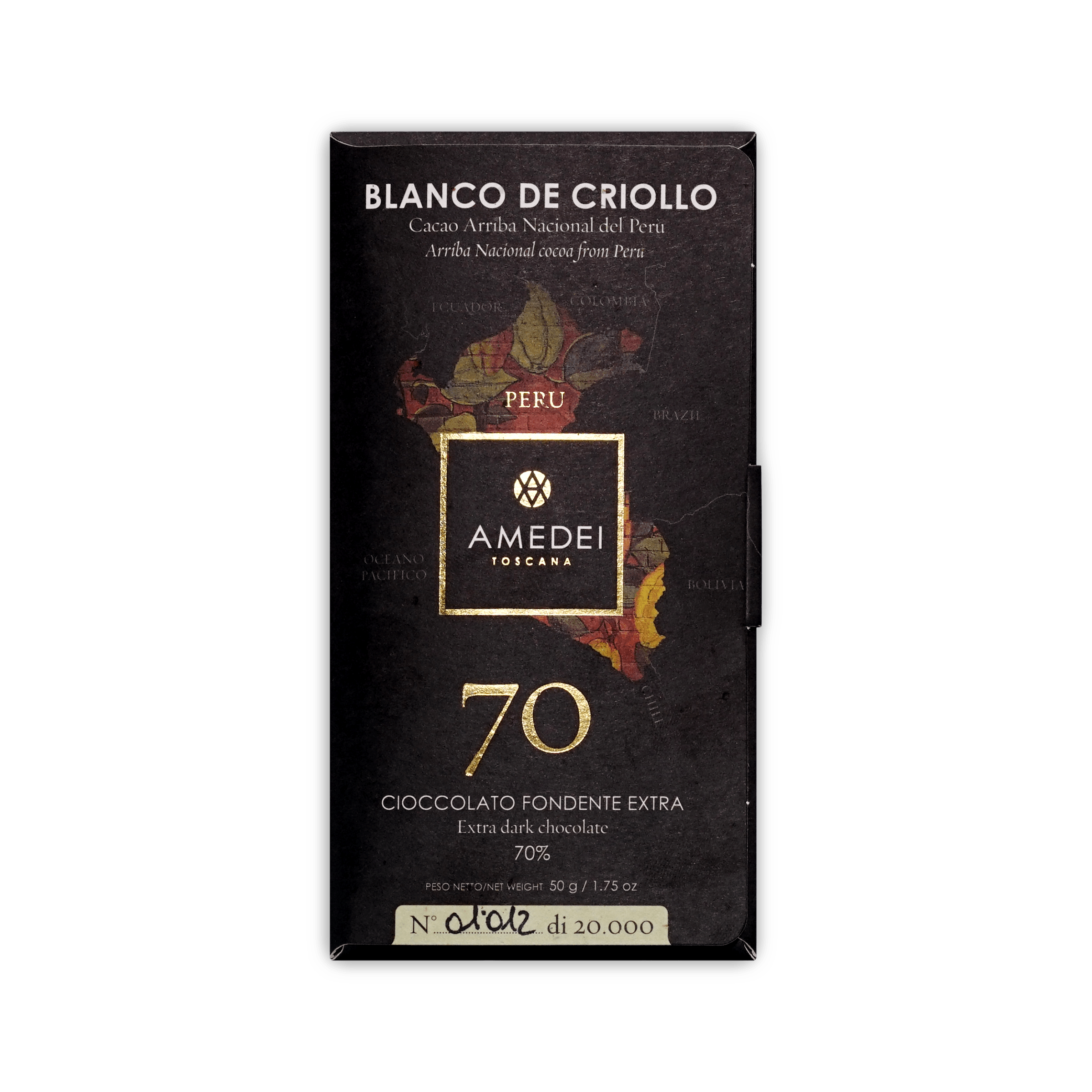Amedei Toscana Blanco de Criollo 70 bar, black box with a map of Peru and gold square logo, 50g