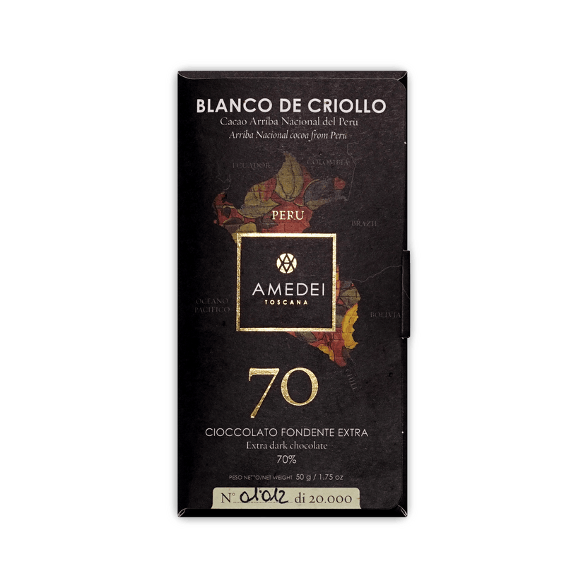 Amedei Toscana Blanco de Criollo 70 bar, black box with a map of Peru and gold square logo, 50g