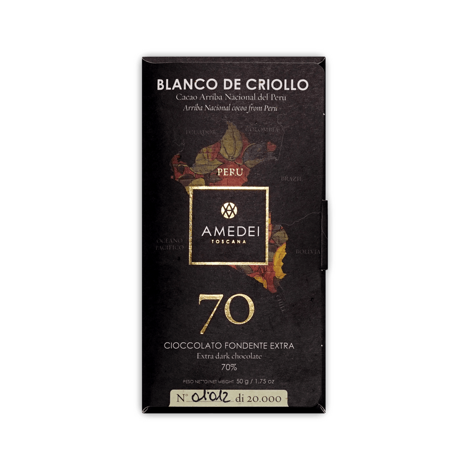 Amedei Toscana Blanco de Criollo 70 bar, black box with a map of Peru and gold square logo, 50g